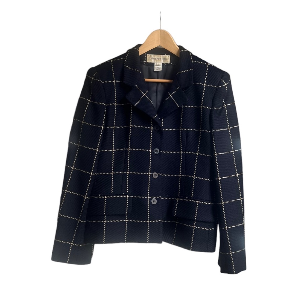 Jones New York Navy Blue & White Box Detail Semi Cropped Blazer
